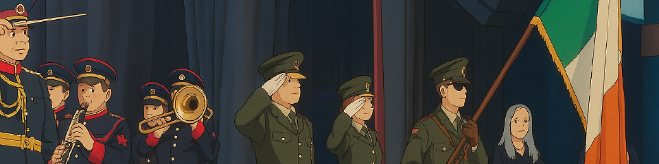 Studio Ghibli-style rendering of a photo depicting the No. 1 Irish Army Band and the Irish Department of Defense's Colour Party saluting and displaying the tricolour.
