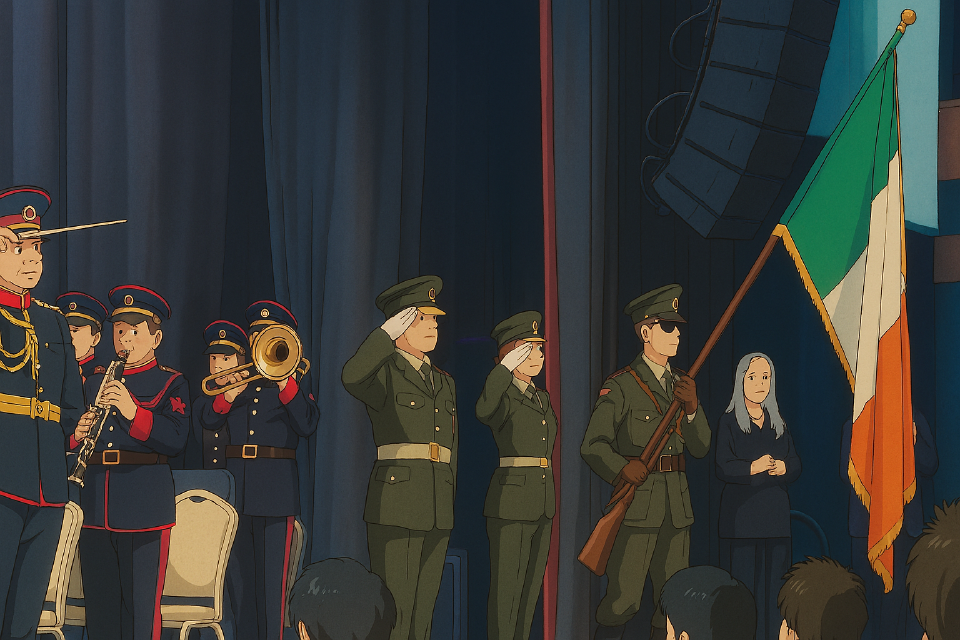 Studio Ghibli-style rendering of a photo depicting the No. 1 Irish Army Band and the Irish Department of Defense's Colour Party saluting and displaying the tricolour.